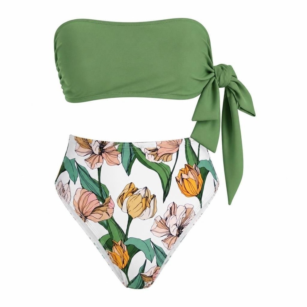 CUPSHE‎ Bikini Womens XL Green Floral Tropical Swimwear Boho High Waisted Beach